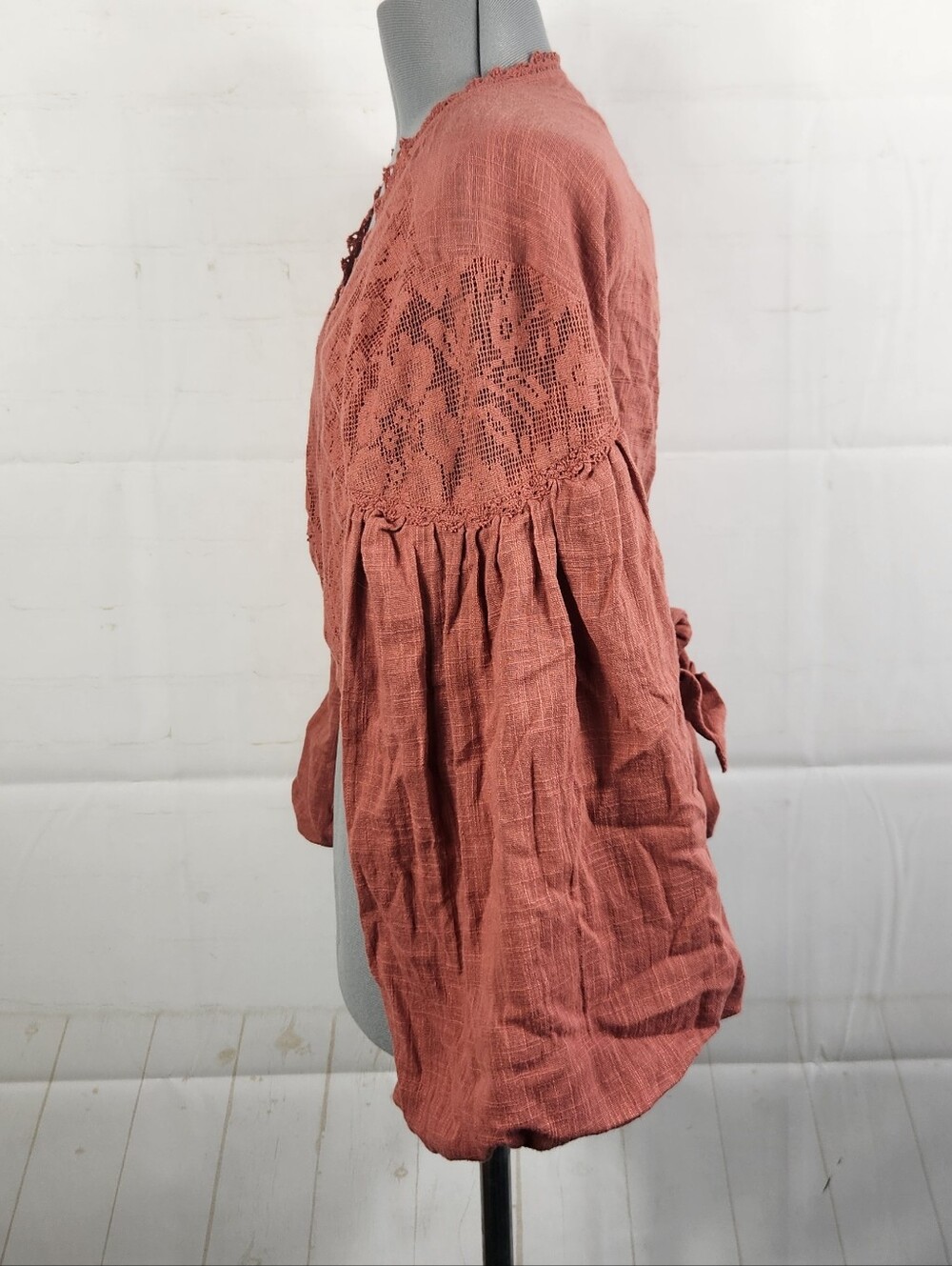 Free People Dolly Wrap Top Terra Cotta Lace Boho Balloon Sleeve Crop Blouse L - Picture 6 of 16